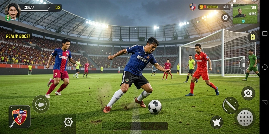 Tangkapan layar utama dari C0077 menunjukkan aksi seru di lapangan sepak bola.