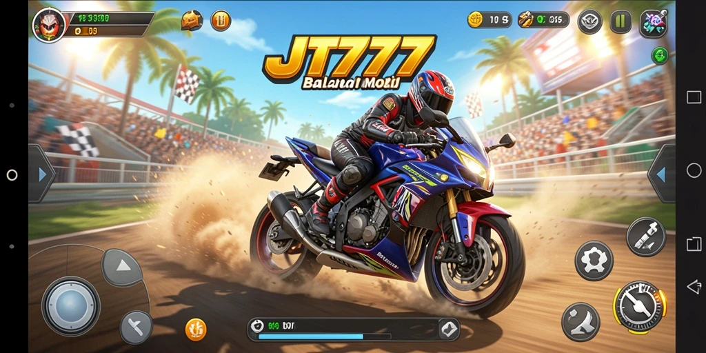 Screenshot JT777 menampilkan balapan motor yang penuh aksi dan intens.