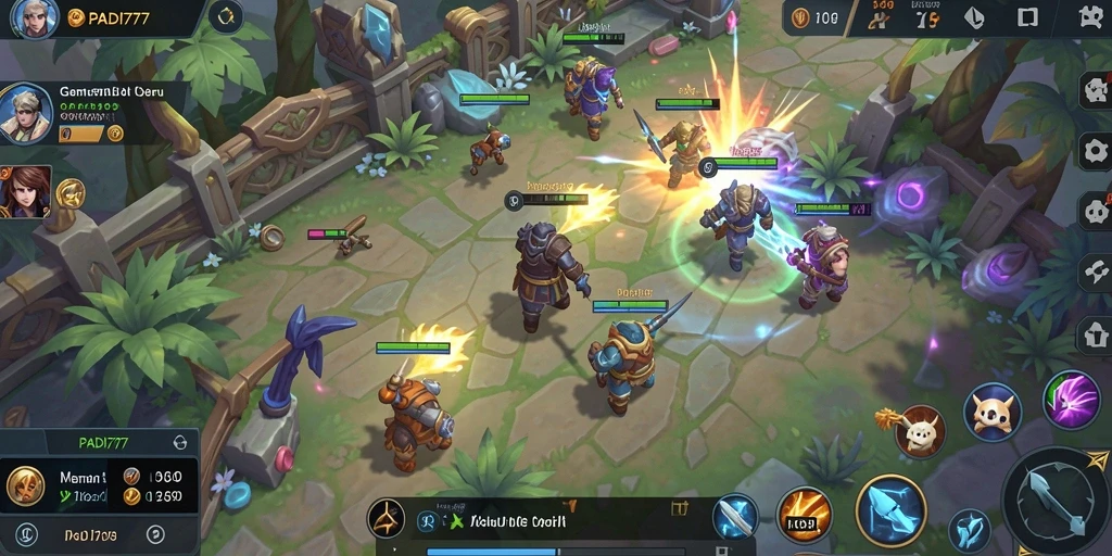 Tangkapan layar PADI777 menampilkan aksi pertempuran MOBA yang intens.