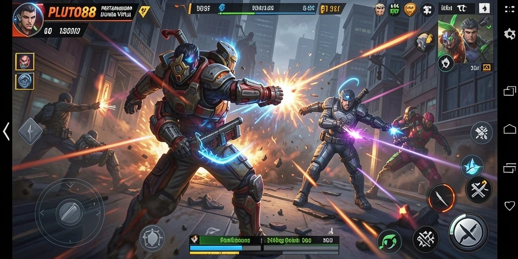 Screenshot gameplay yang menampilkan pertarungan seru dan karakter unik dari PLUTO88.