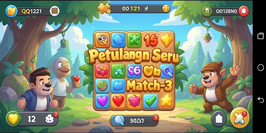 Screenshot menunjukkan gameplay menantang di QQ1221 dengan kombinasi objek berwarna.