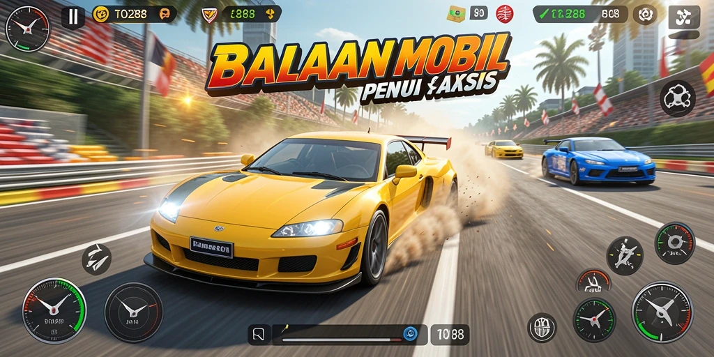 Tangkapan layar menunjukkan gameplay balapan mobil dalam TO288 yang mendebarkan.