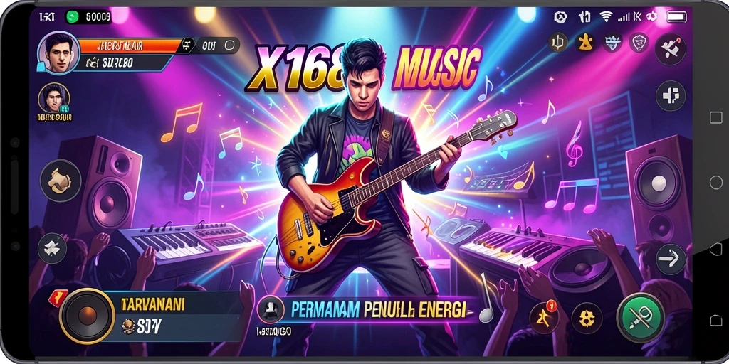 Screenshot gameplay X168 menampilkan interaksi pengguna dengan alat musik virtual.